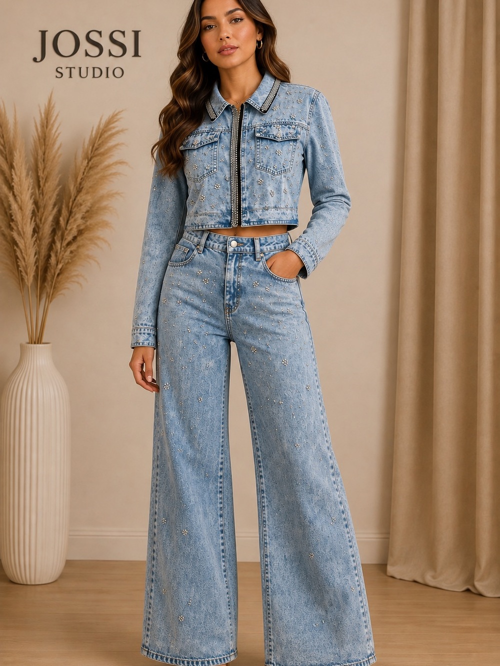 Women's Light Blue Embellished Wide-Leg Jeans set